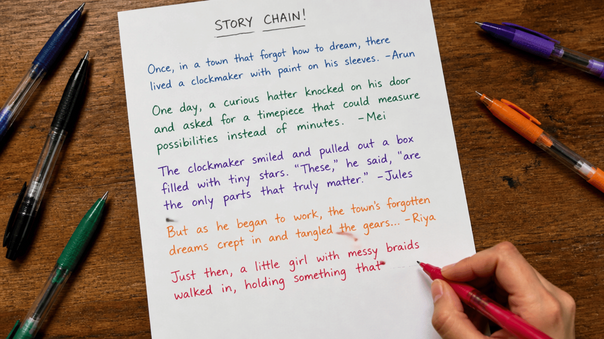 story chain writing activity on paper with colored pens showing collaborative story lines on wooden desk for group fun
