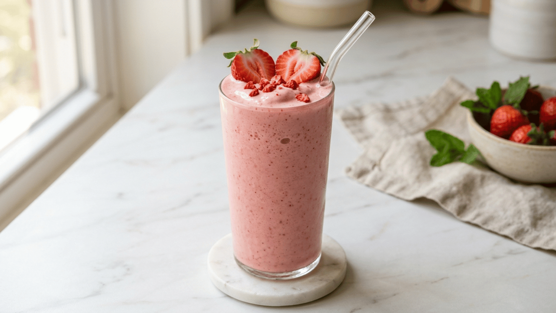 strawberry yogurt smoothie in a glass topped with fresh strawberries