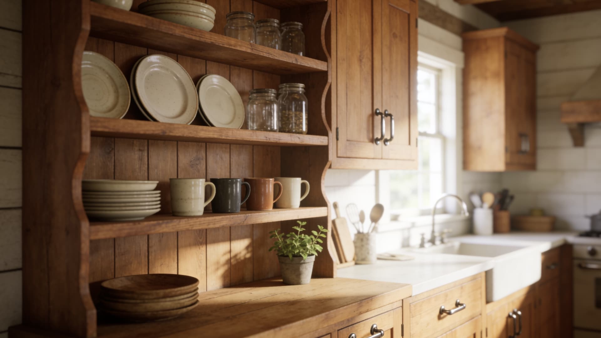 sturdy wood shelves holding everyday dishes bowls glasses and jars above simple farmhouse cabinetry