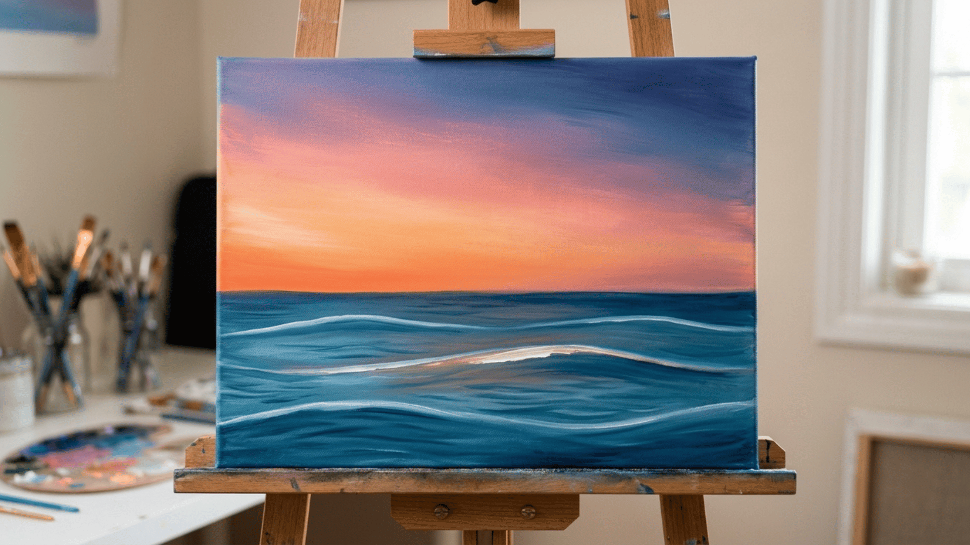 easy canvas painting idea of a sunset blending over ocean waves in orange and blue