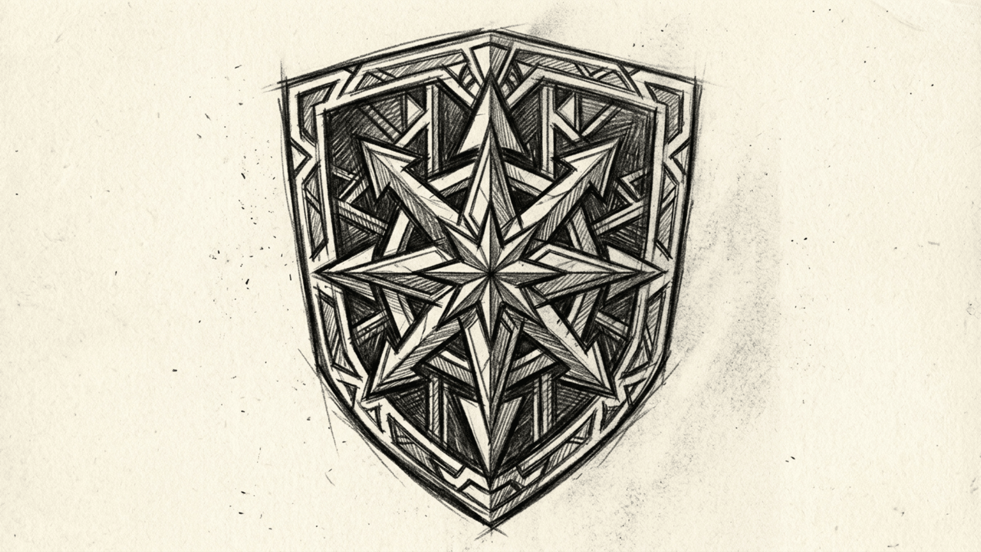bold pencil drawing of a sharp geometric emblem shaped like a shield or lightning bolt