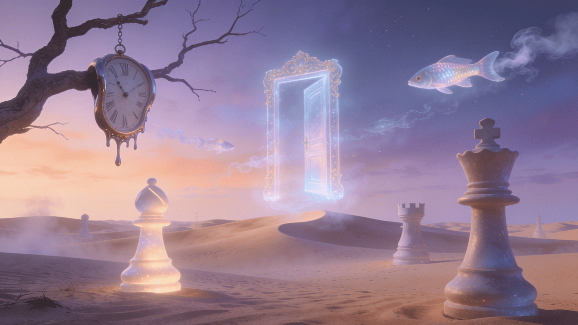 surrealism style desert landscape with floating door glowing chess pieces melting clock tree branch fish in sky dreamy atmosphere