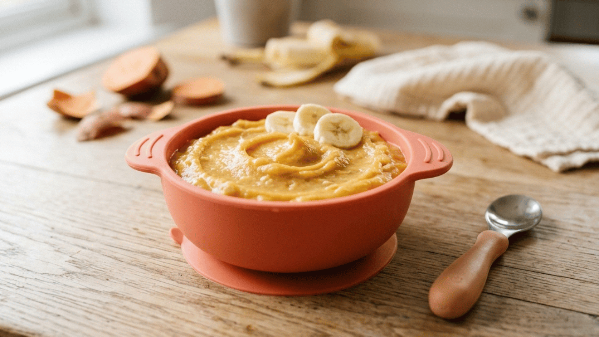 sweet potato banana baby mash served in a red silicone baby bowl with a spoon