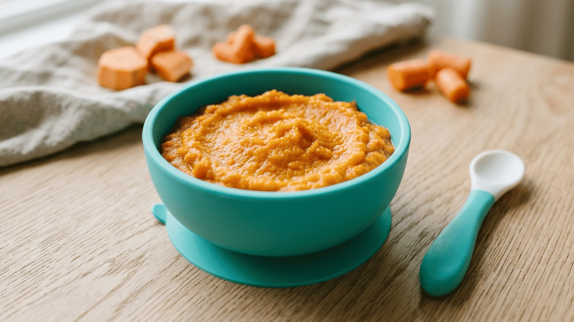 sweet potato and carrot mash in a bright blue baby bowl, a simple baby food recipe