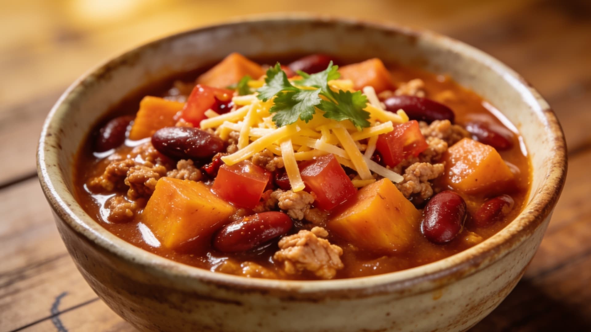 sweet potato chili with beans ground meat tomatoes and cheese topping served in a bowl on a wooden table