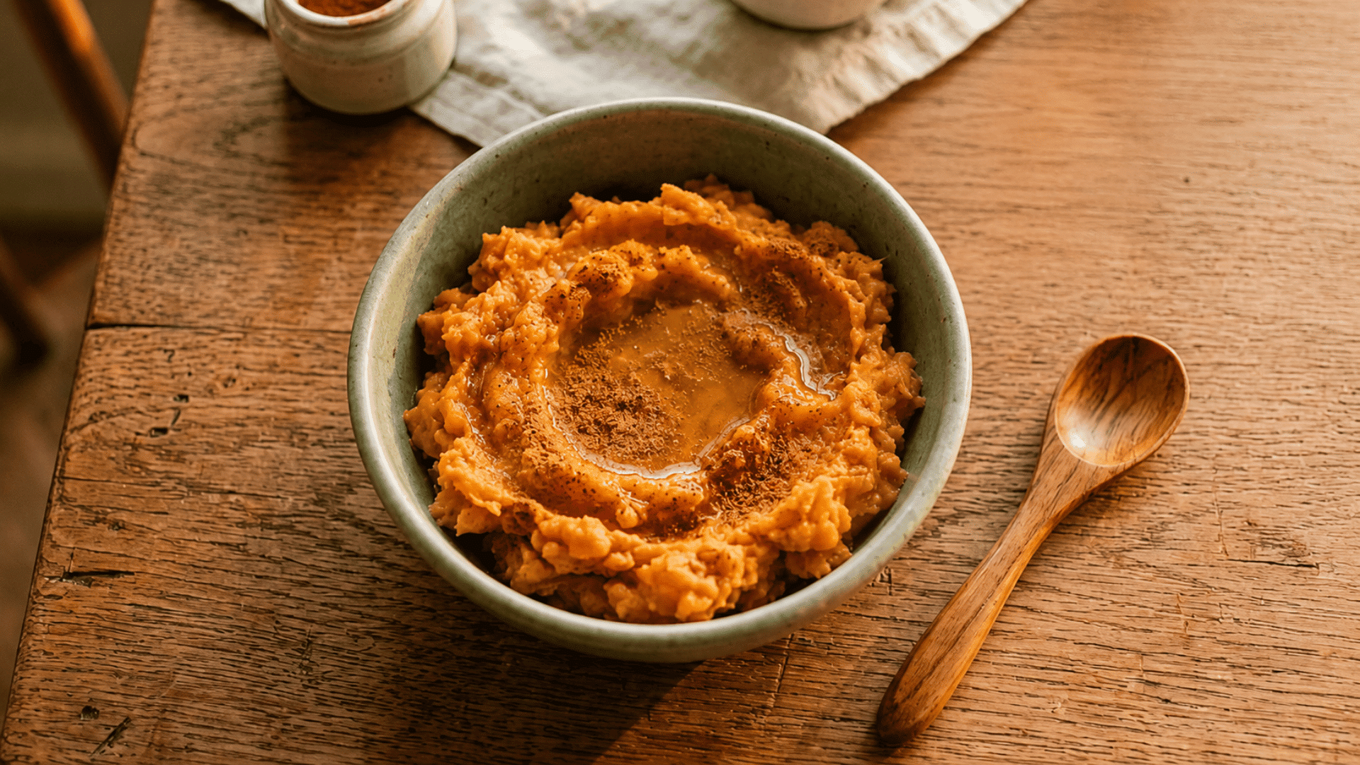 bowl of mashed sweet potato recipe on a wooden table with warm lighting, a wooden spoon, and simple natural textures