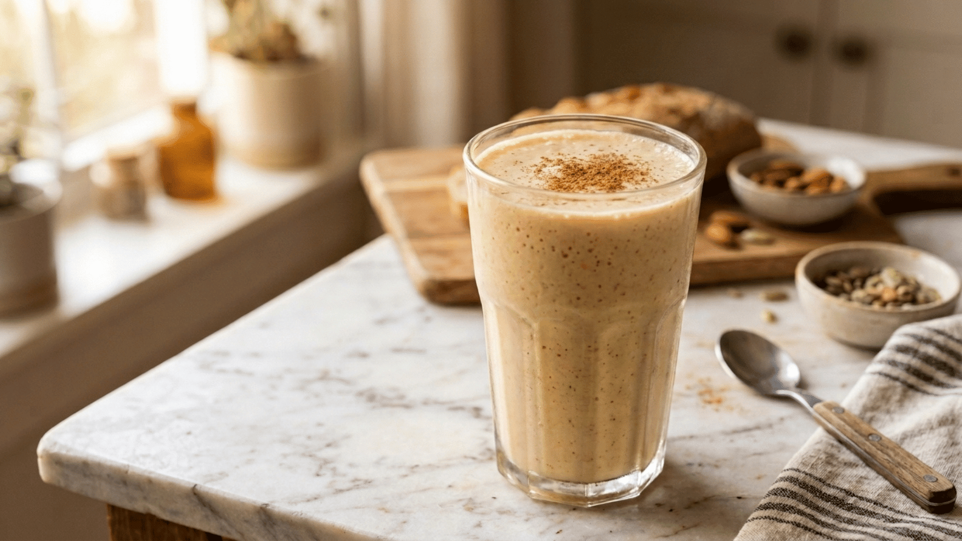 sweet potato cinnamon smoothie in a glass with cinnamon stick