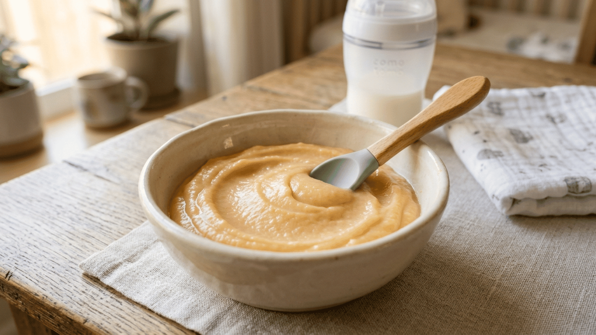 creamy sweet potato mash with breastmilk in a baby bowl