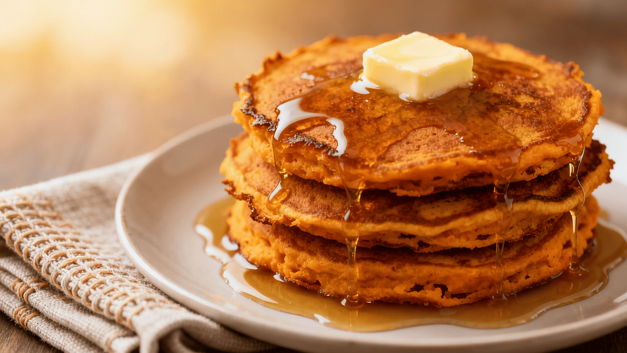 sweet potato pancakes stacked, golden-brown edges, maple drizzle, butter pat melting, linen napkin