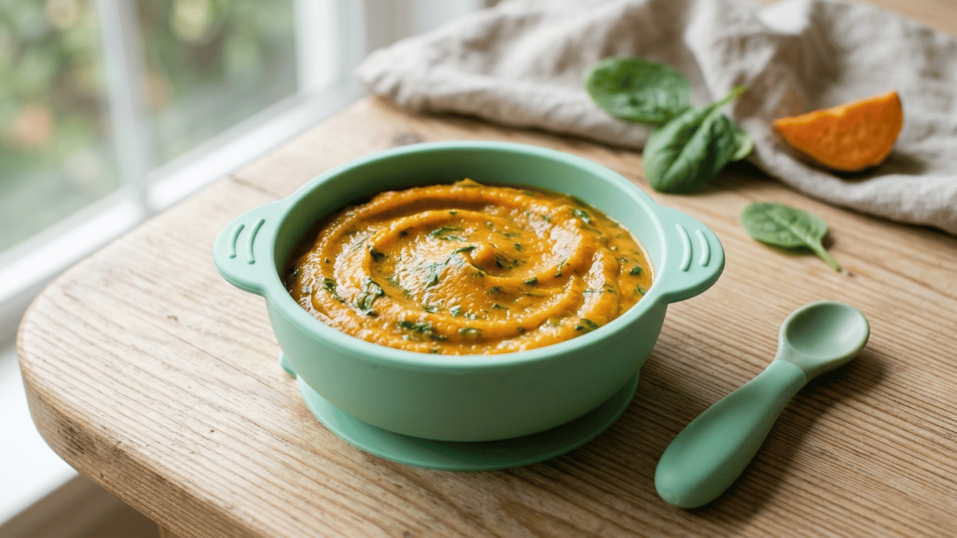 sweet potato and spinach puree in a light green baby bowl, a healthy first food for babies