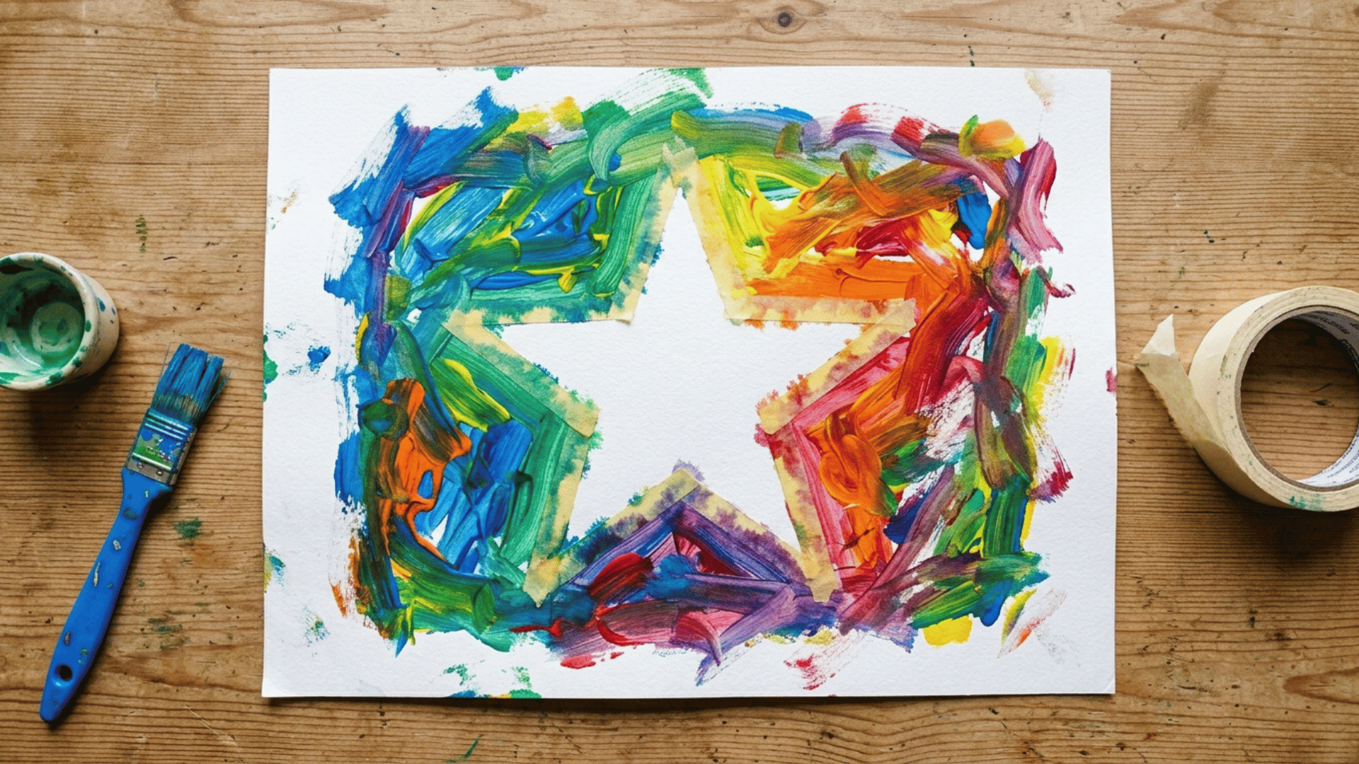 preschooler tape resist painting with a simple star shape