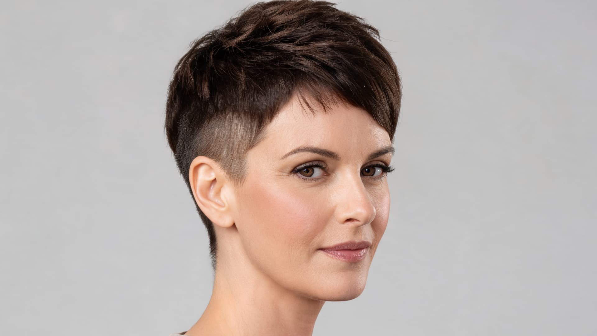 tapered pixie haircut with short sides and textured top layers creating a neat shape for thick hair