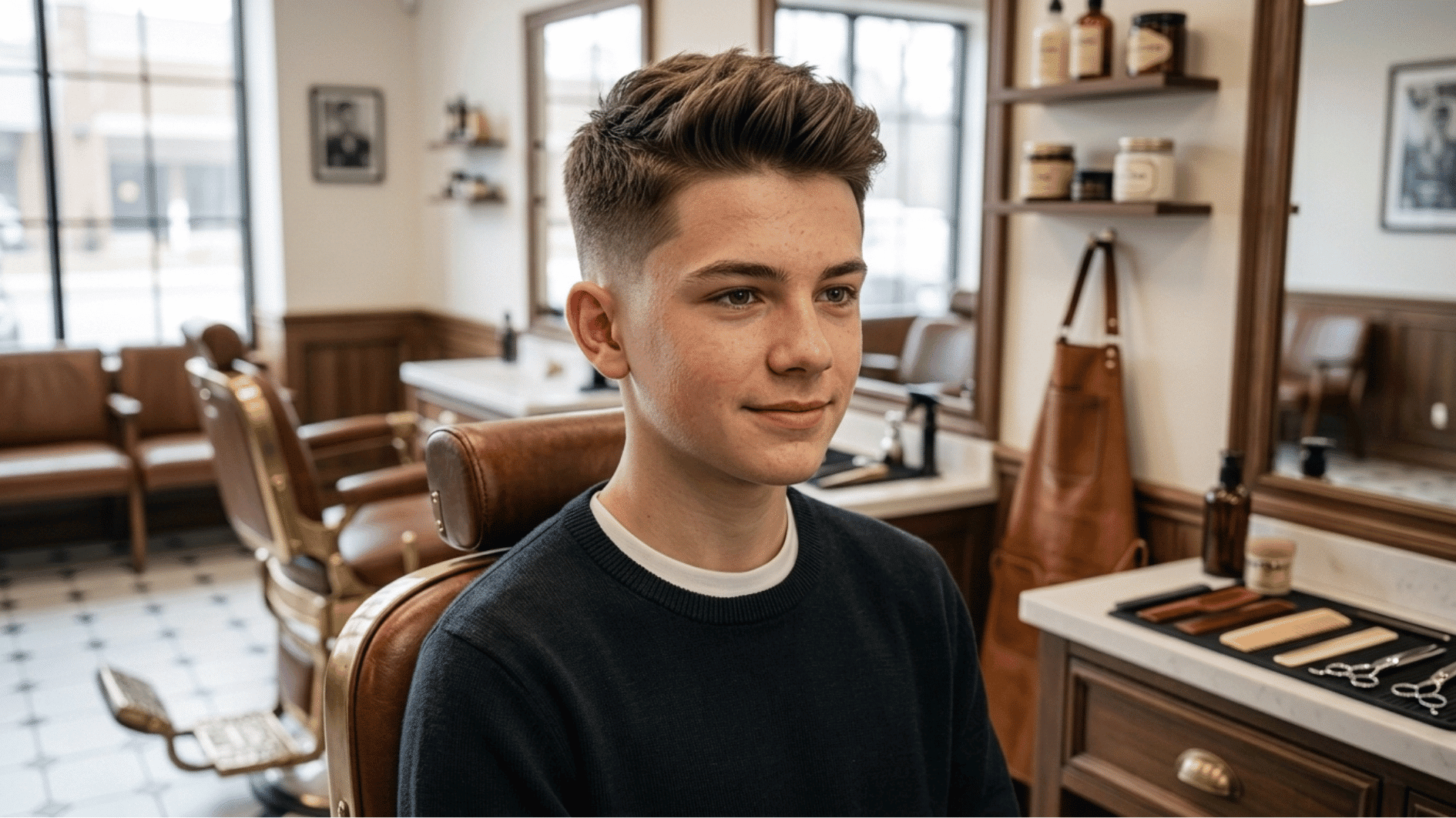 teen boy showing a classic taper fade haircut with neatly blended sides and textured hair on top