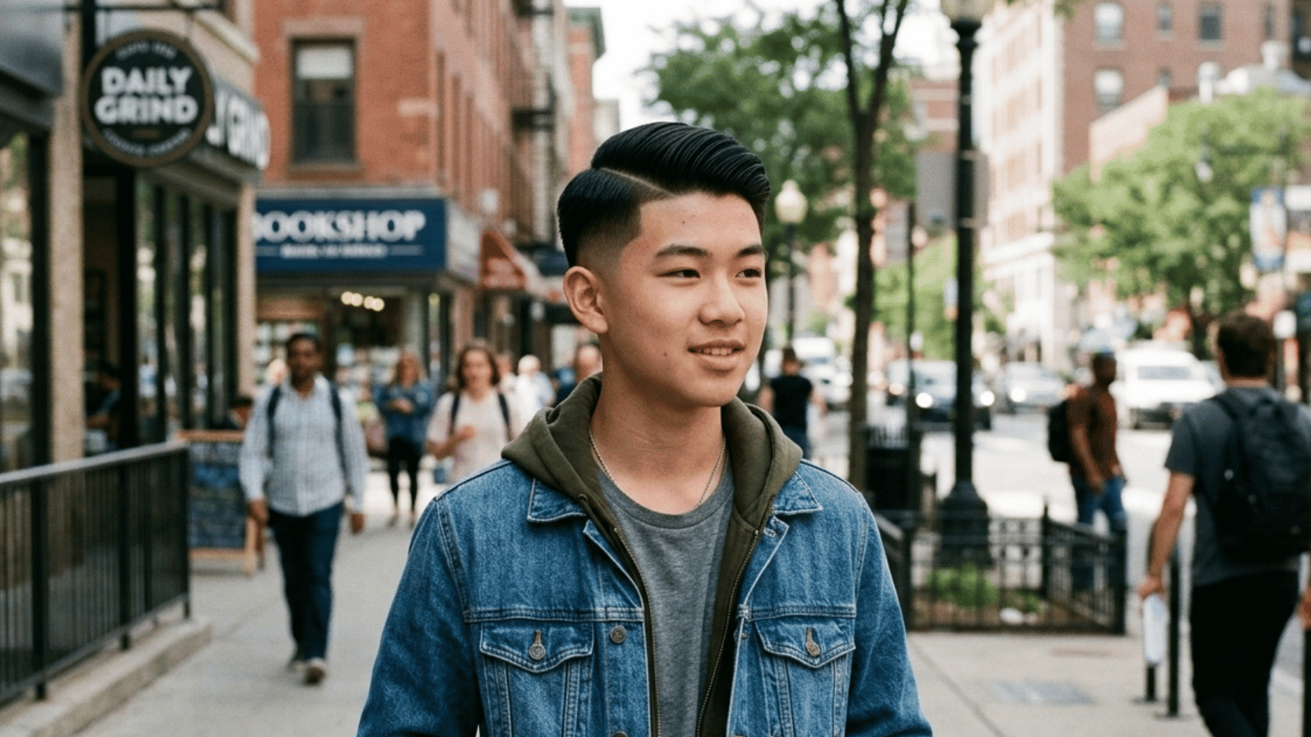 teen boy wearing a low fade haircut with sharp side part and neatly styled hair while standing on a city sidewalk