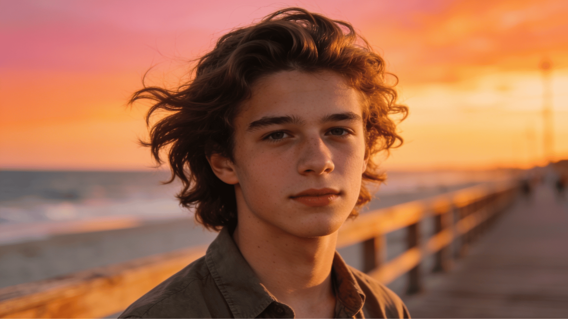teen boy with bro flow hairstyle showing medium length flowing wavy hair near a beach boardwalk setting