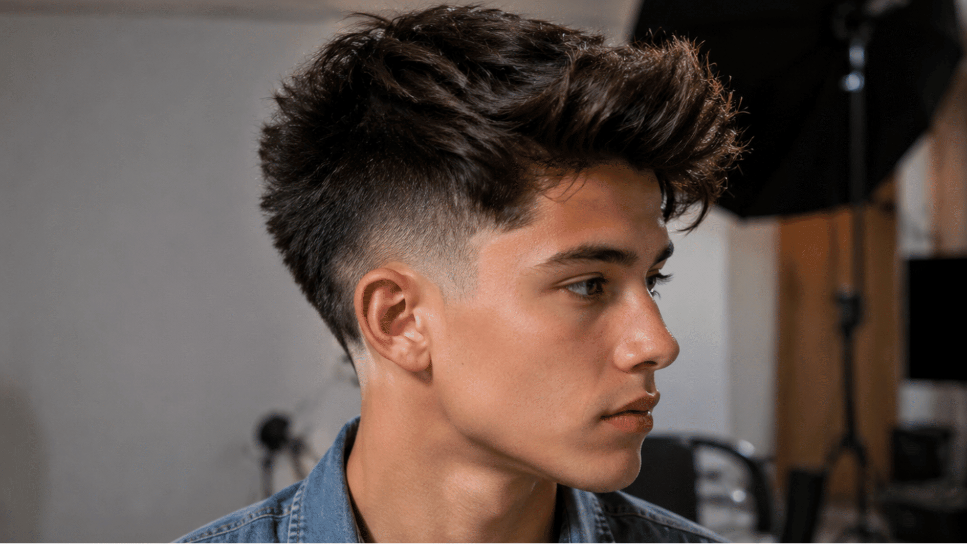 teen boy with burst fade hairstyle showing faded sides around ears and textured top inside a photography studio