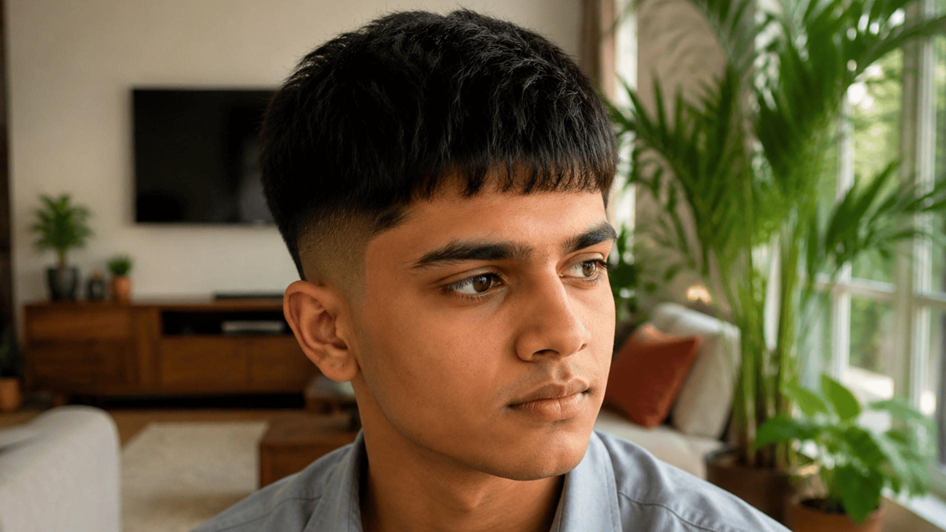 teen boy with caesar haircut showing short layered hair and forward fringe in a bright home living room