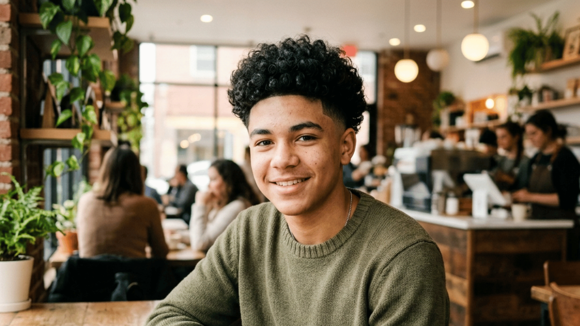 teen boy with curly top fade haircut showing natural curls and faded sides inside a modern coffee shop