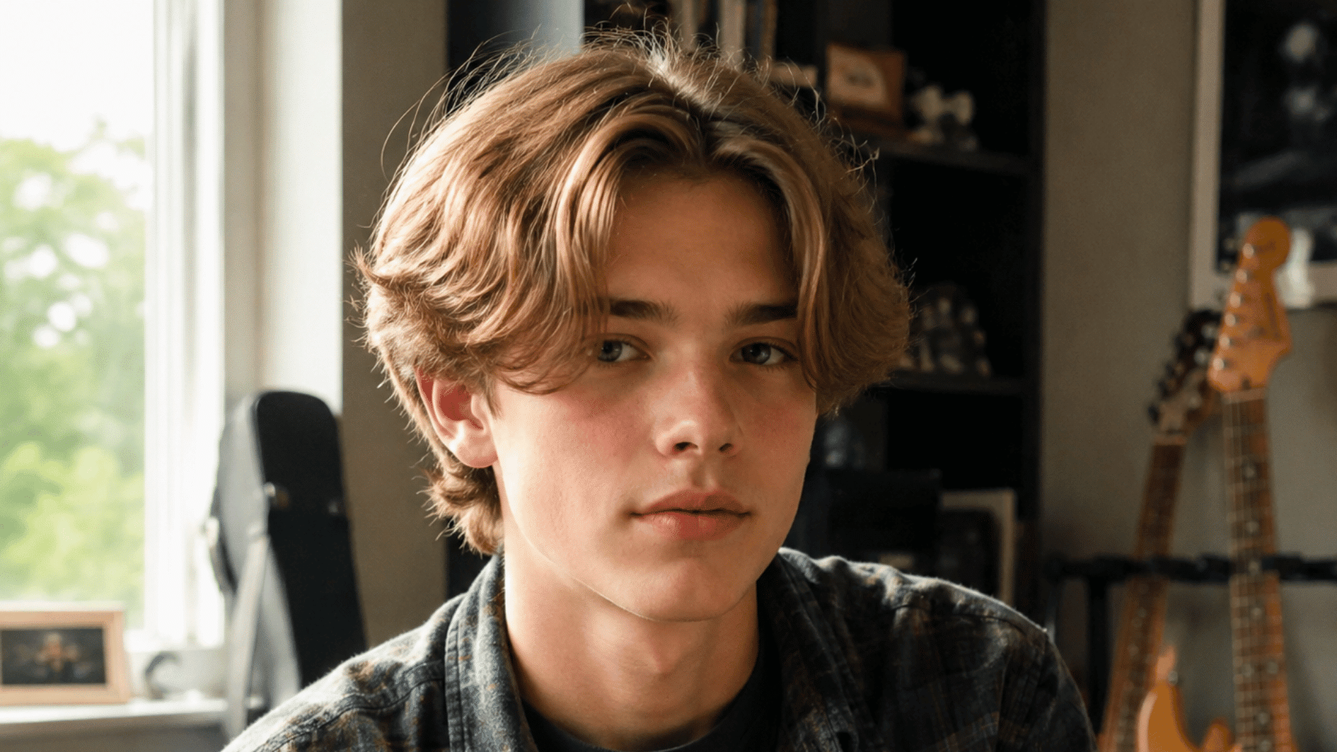_teen boy with curtains hairstyle showing center parted medium length hair while sitting inside a music room