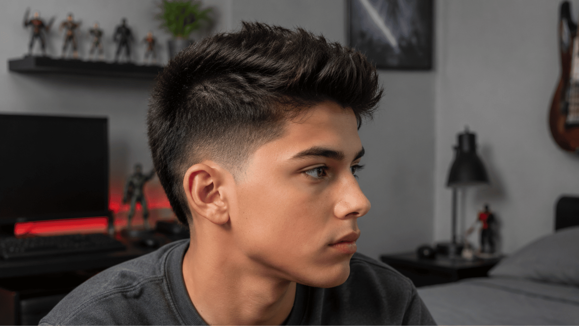 _teen boy with faux hawk hairstyle showing upward textured hair and shorter sides in a modern bedroom