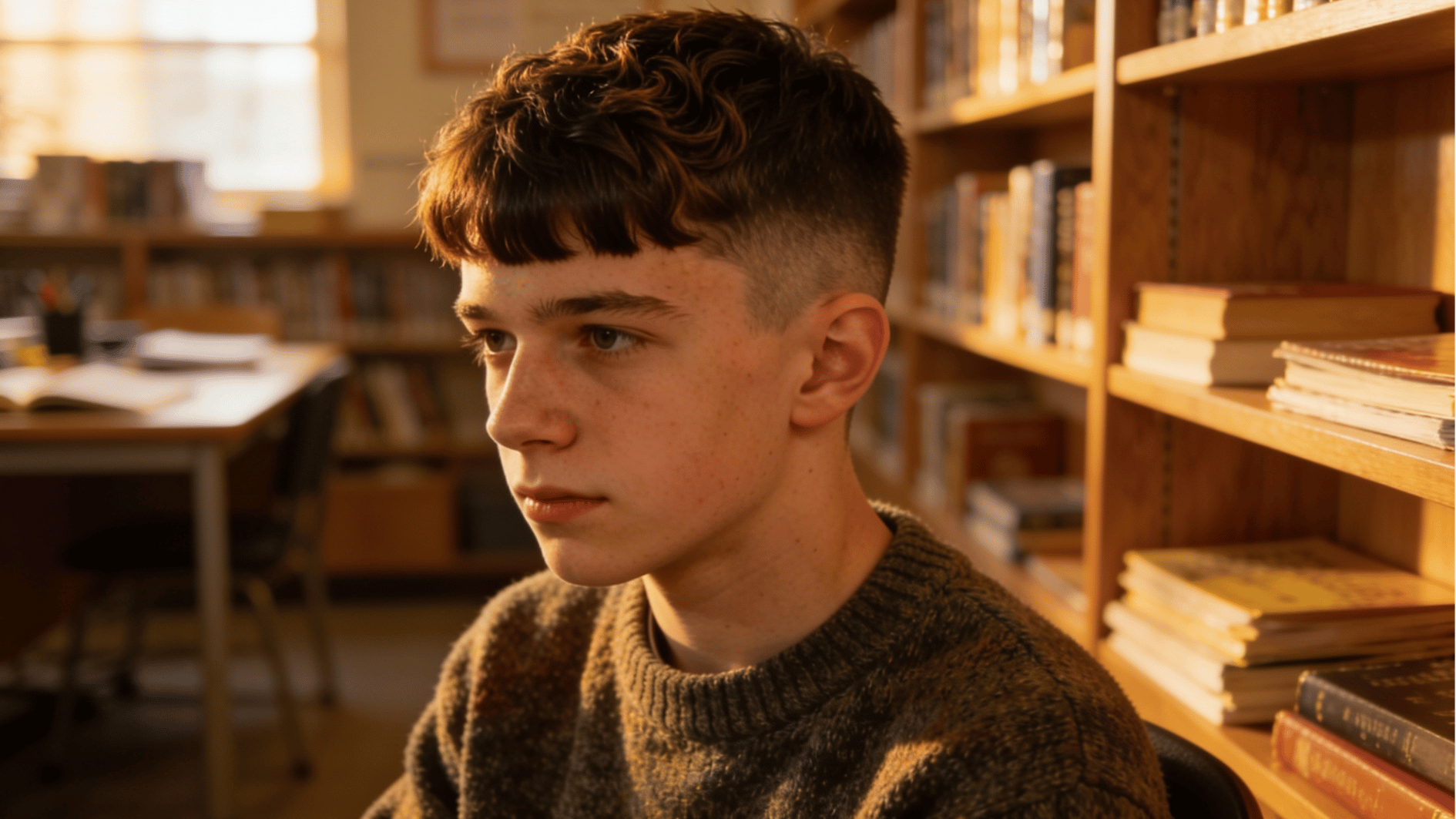 teen boy with french crop haircut featuring textured top and short fringe while sitting inside a school librar