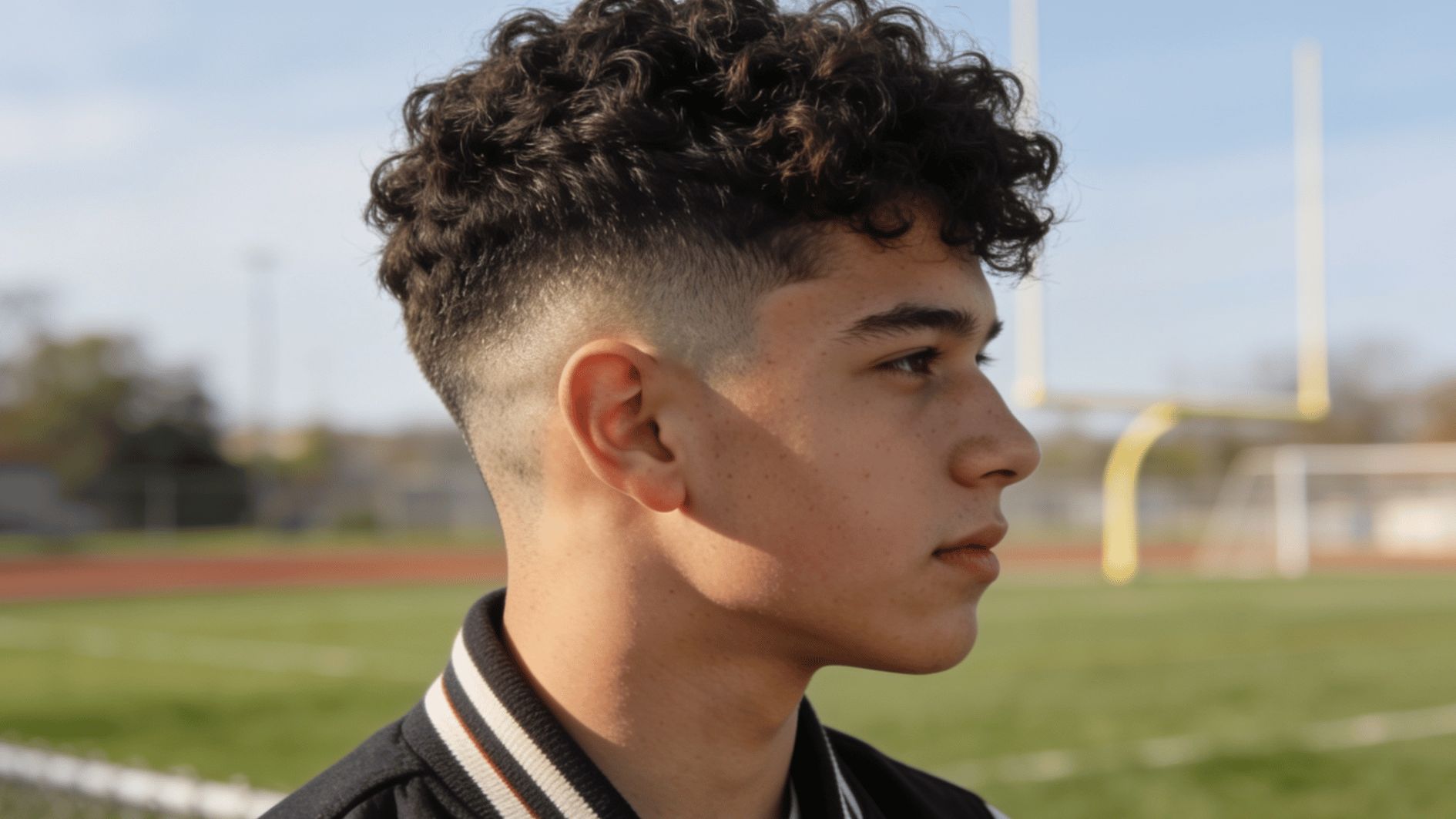 teen boy with high fade haircut featuring sharply faded sides and textured curly top at a sports field