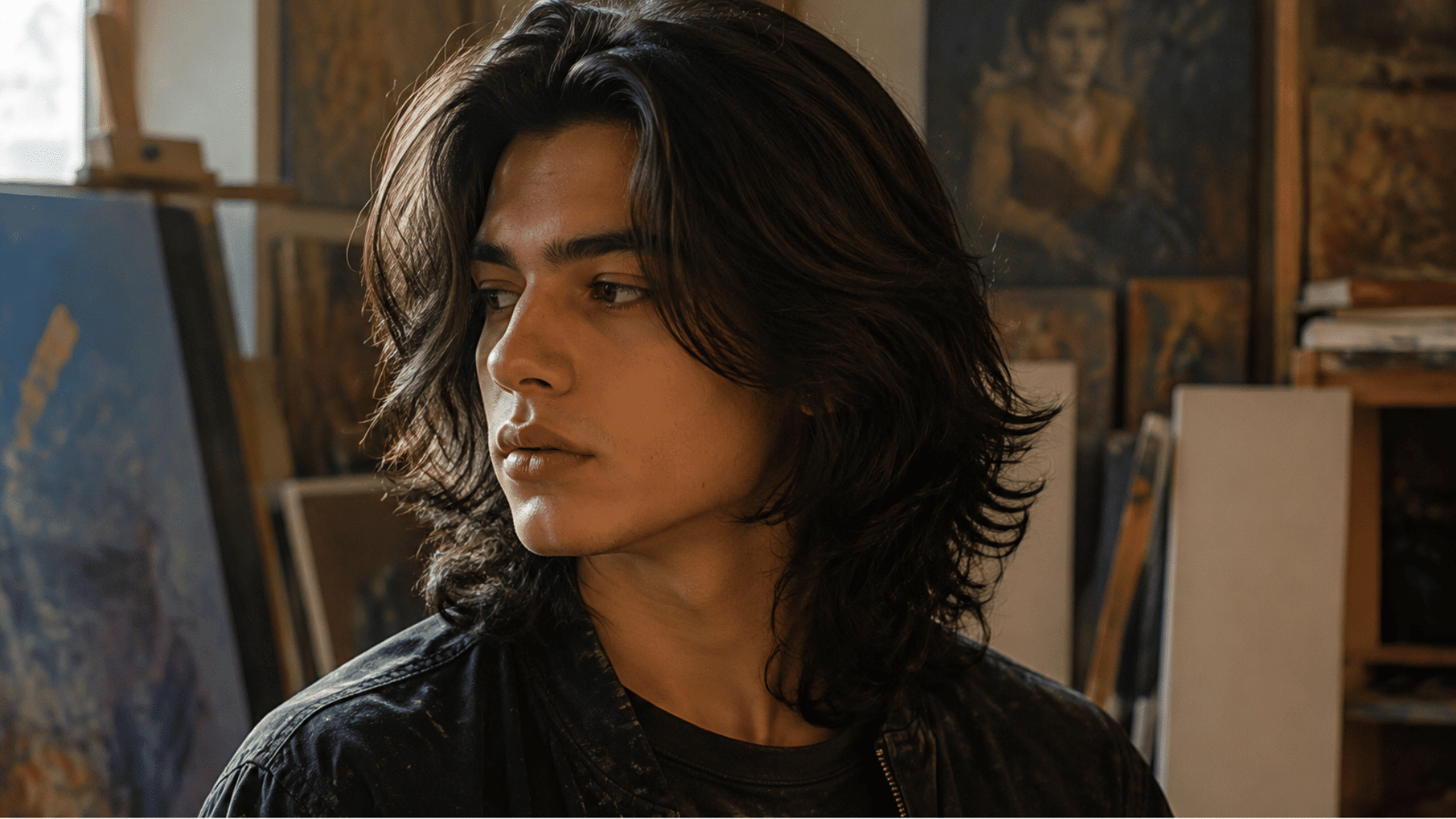 teen boy with long layered haircut showing flowing hair with natural volume inside an art studio setting