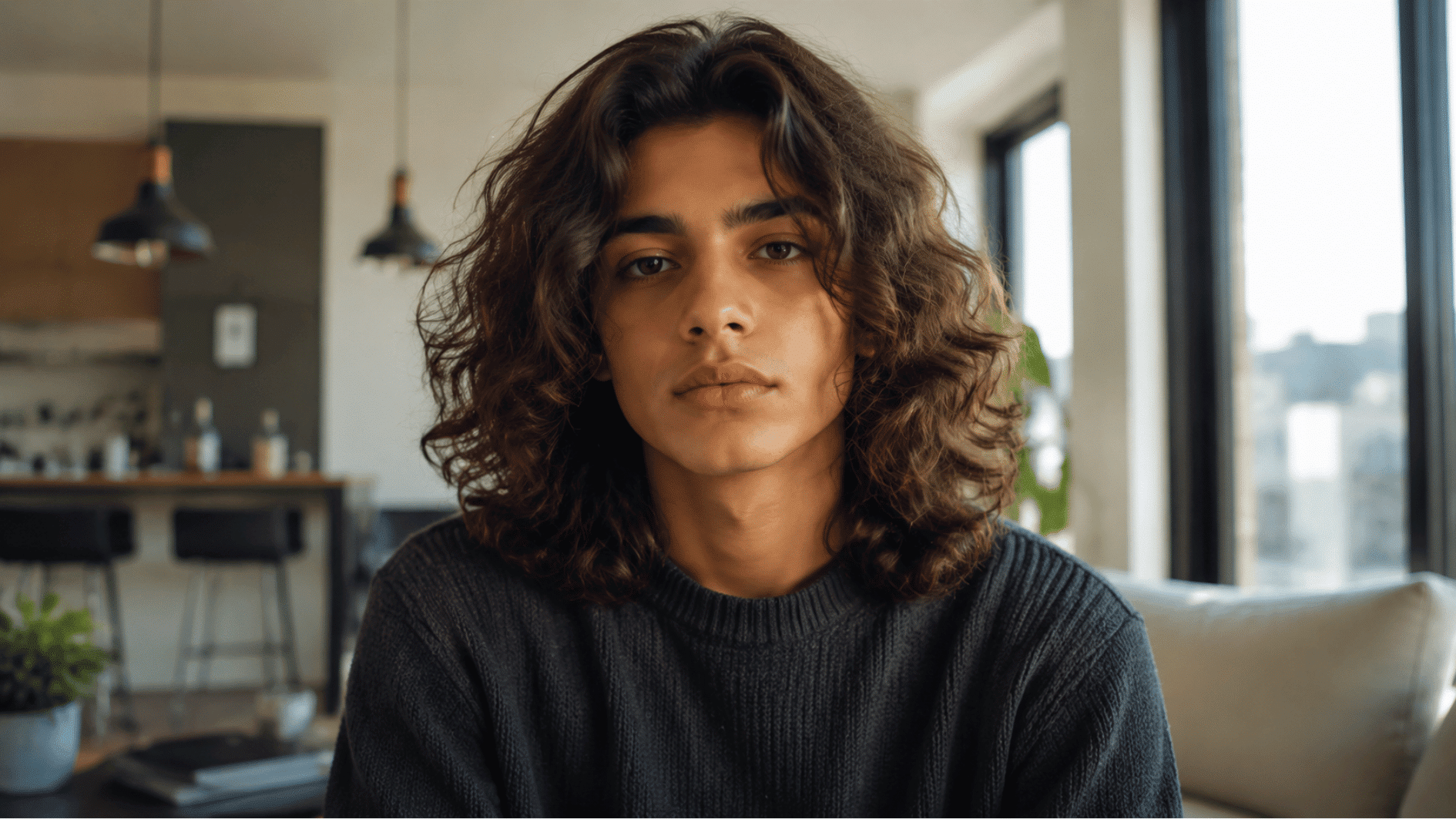 teen boy with long wavy hairstyle featuring natural curls and textured hair in a bright modern apartment