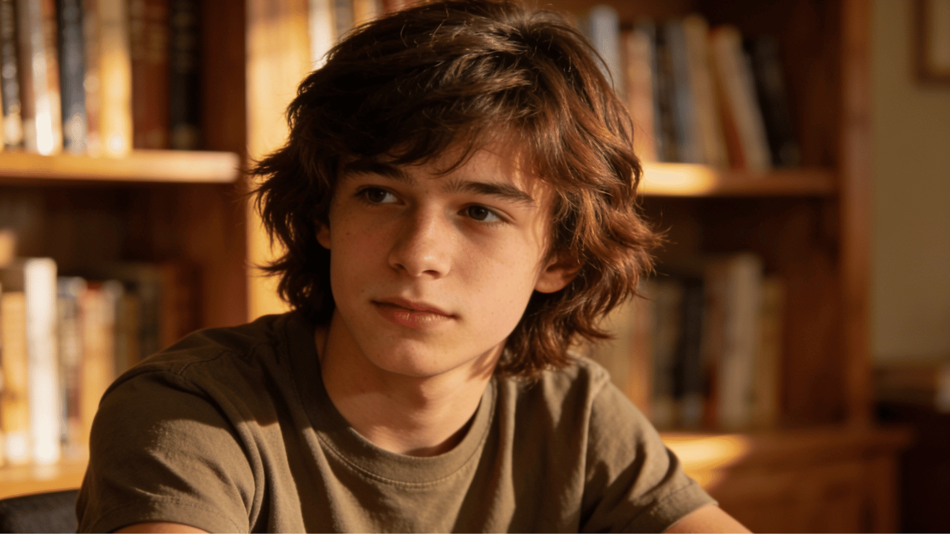 teen boy with medium length layered haircut featuring soft textured layers while relaxing in a cozy home study