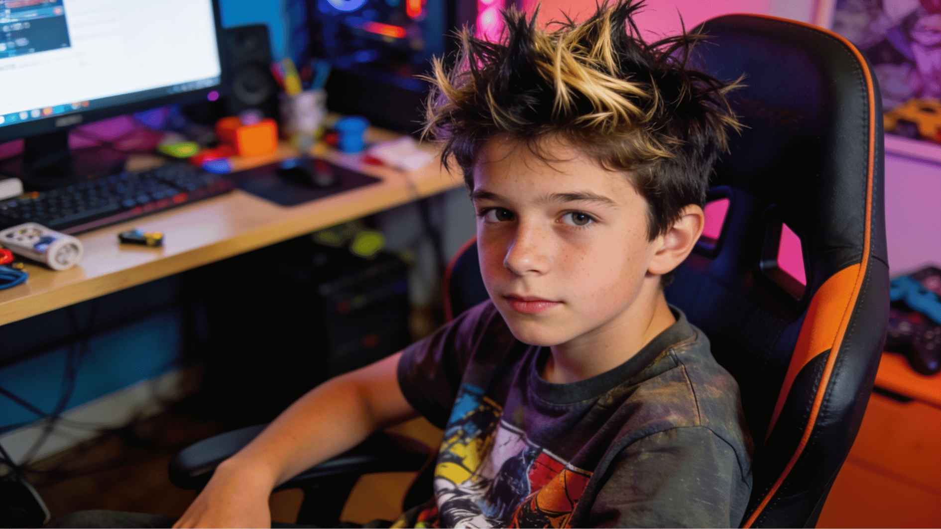 teen boy with messy spiky haircut featuring textured upward hair while relaxing in a modern gaming room setup (1)