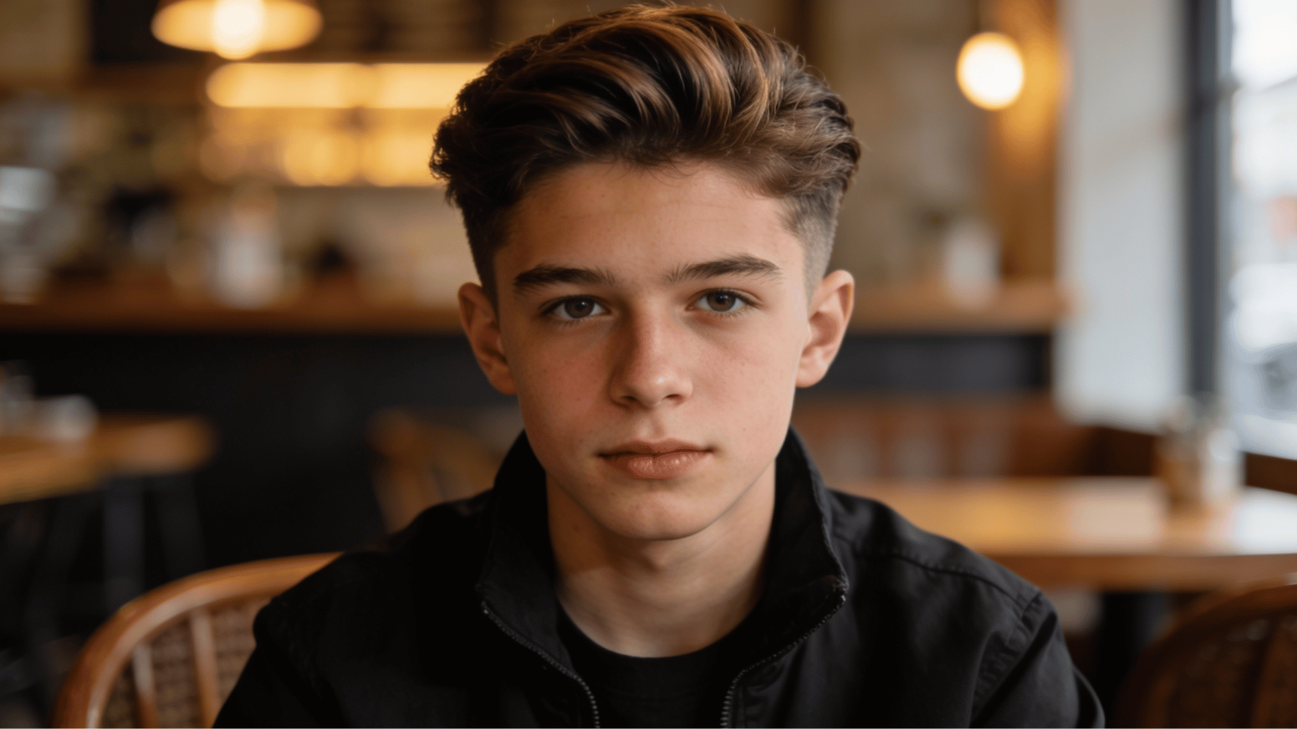 teen boy with modern pompadour hairstyle showing voluminous swept back hair inside a warm lit cafe setting