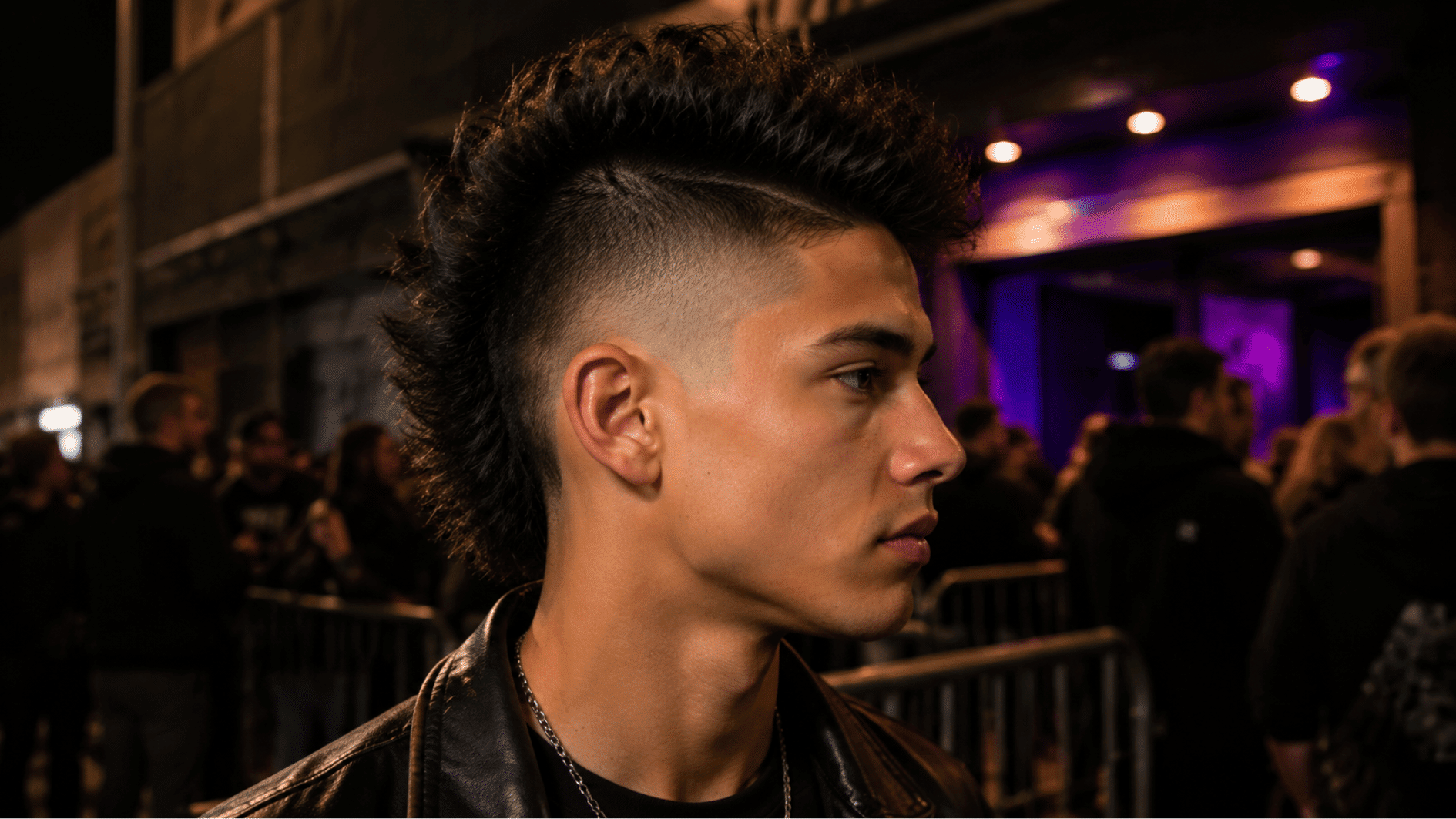 teen boy with mohawk fade haircut featuring textured center hair and faded sides outside a concert venue