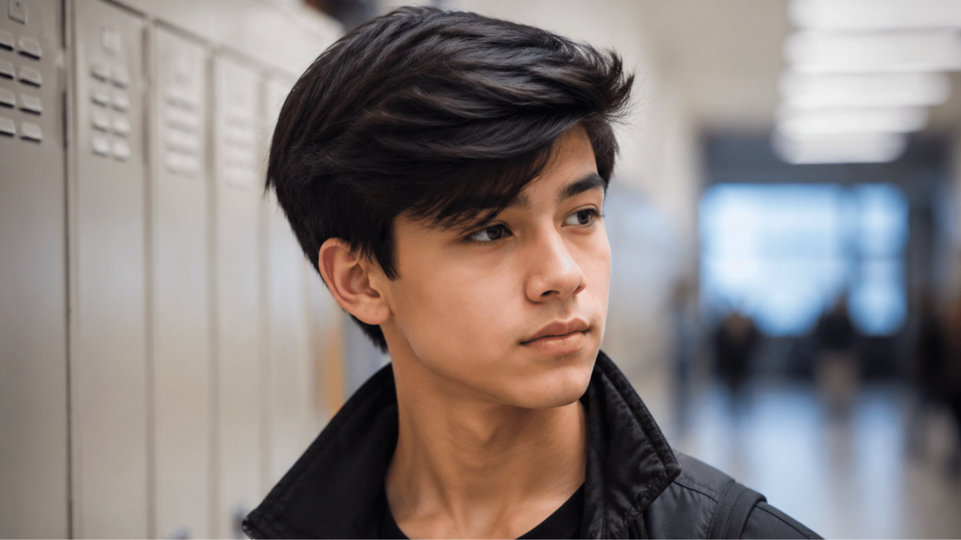 _teen boy with side swept haircut showing textured hair styled to one side inside a school hallway setting