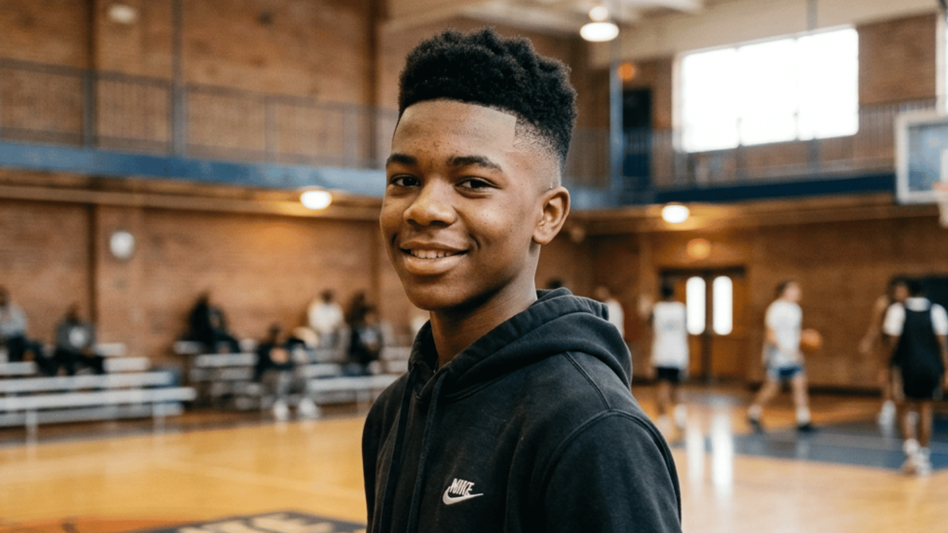 teen boy with skin fade haircut featuring clean shaved faded sides while standing on a basketball court