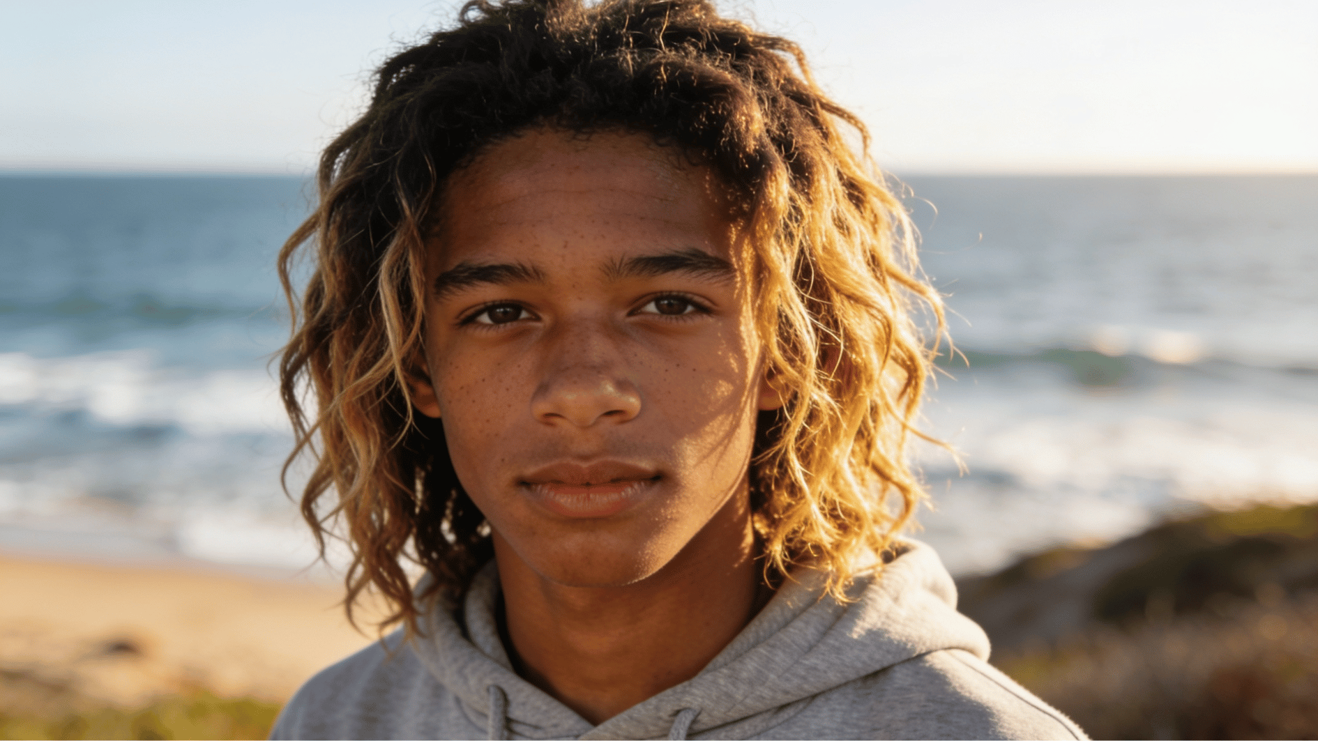 teen boy with surfer haircut style featuring long textured waves while standing near an ocean coast background