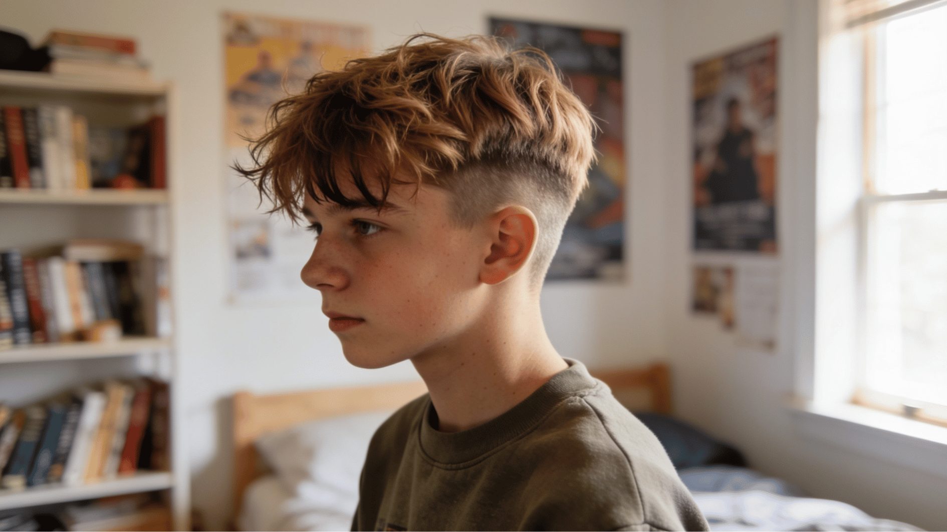 teen boy with textured crop haircut in a bright bedroom with casual decor