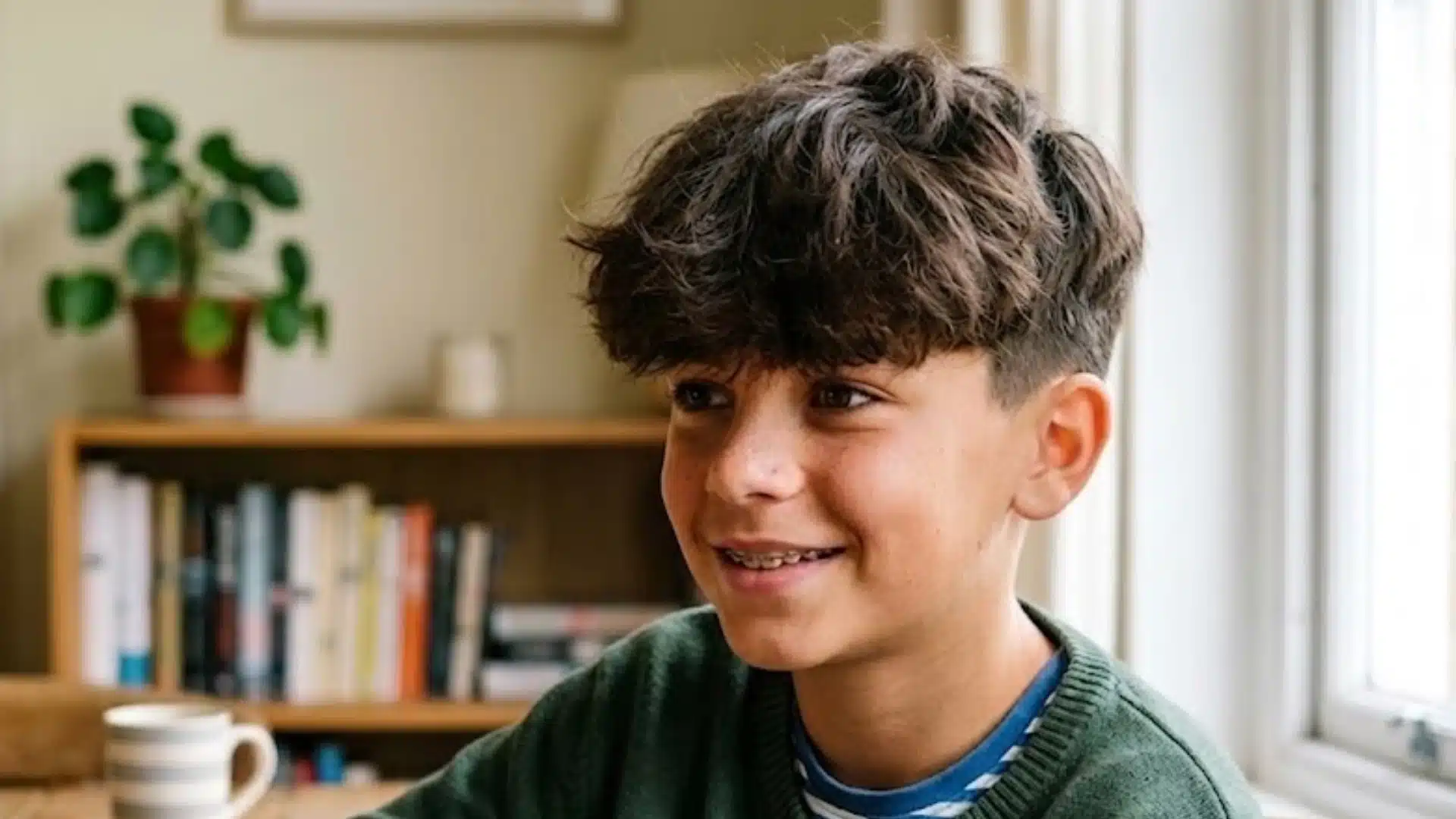 Teenage boy with a fluffy fringe haircut featuring long textured bangs and softly tapered sides in a bright home setting