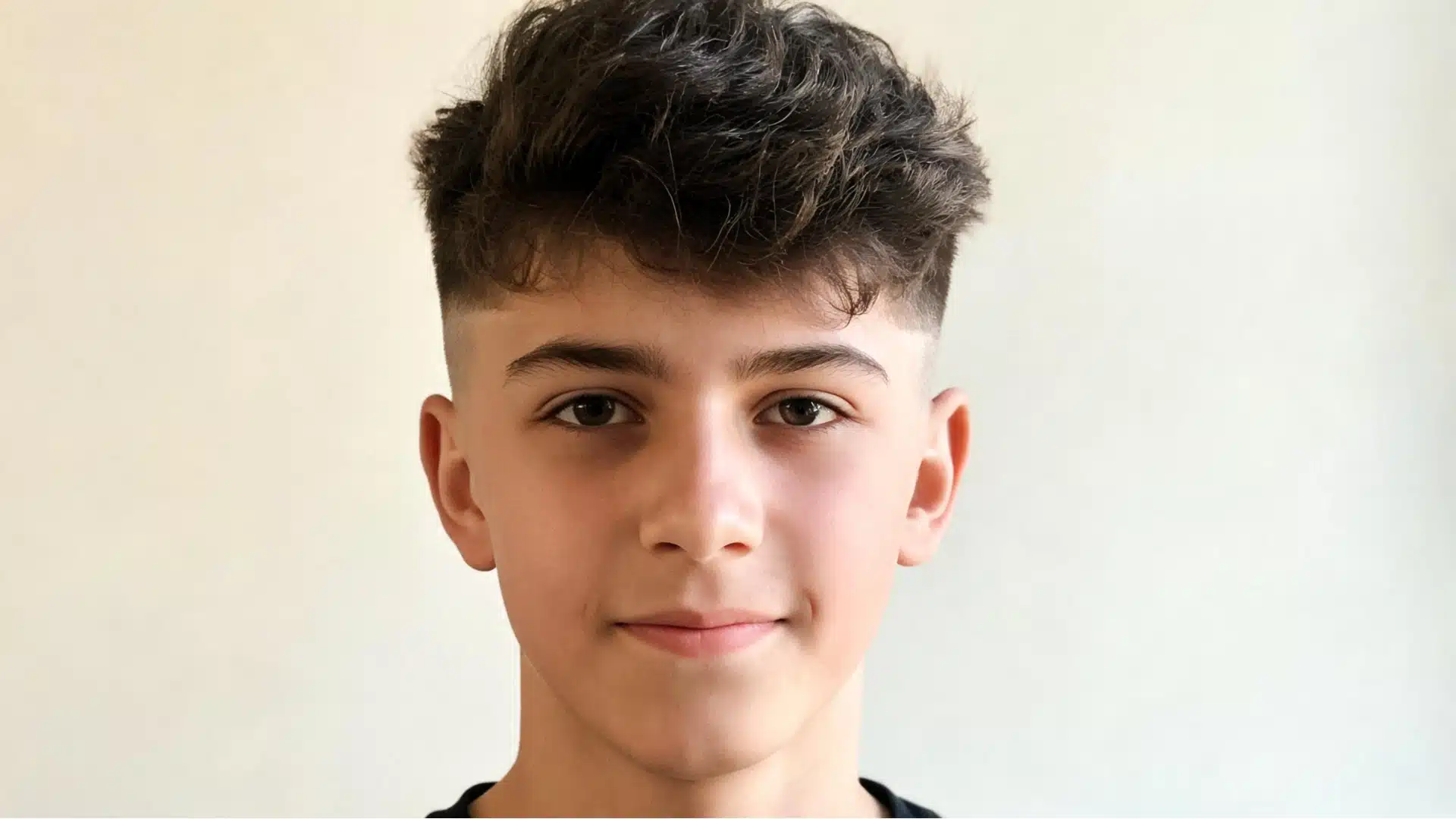 teenage boy with a mid fade and textured top hairstyle featuring thick voluminous hair and clean faded sides