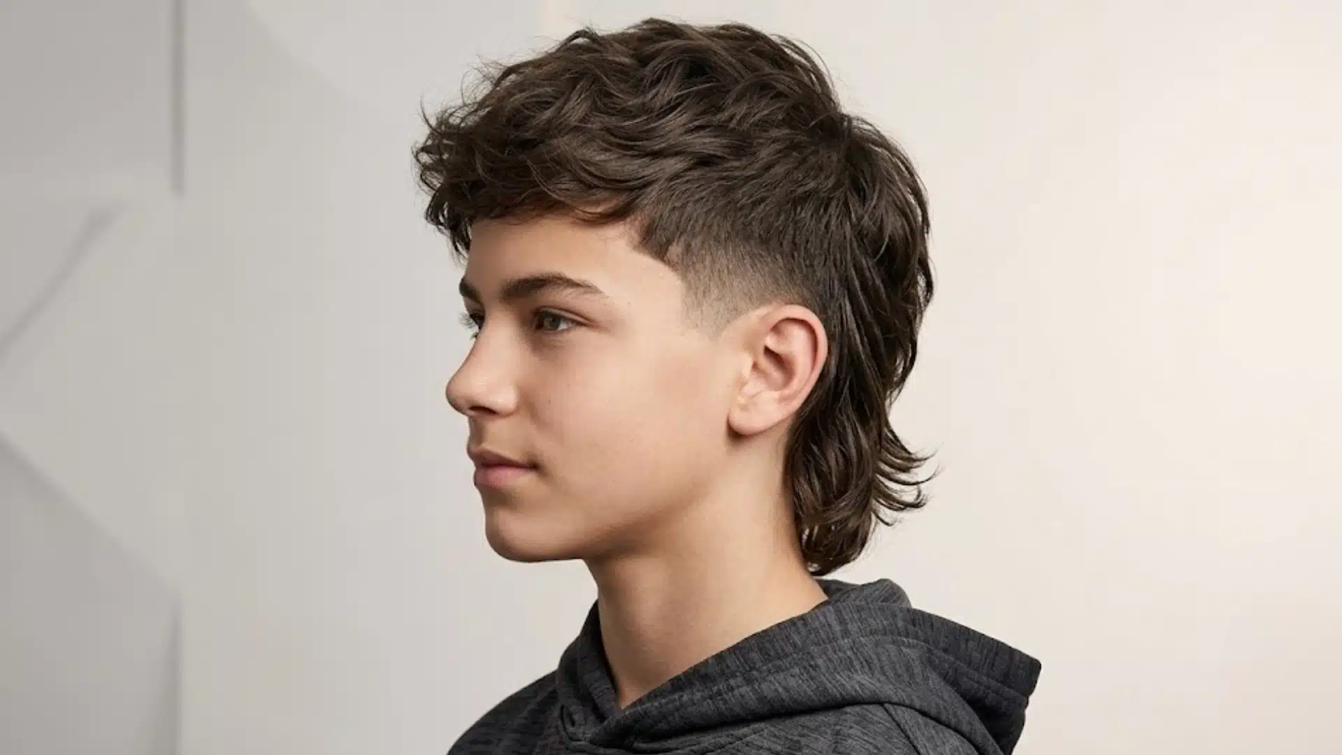 Teenage boy with a modern mullet haircut featuring textured layers on top short faded sides and longer back hair