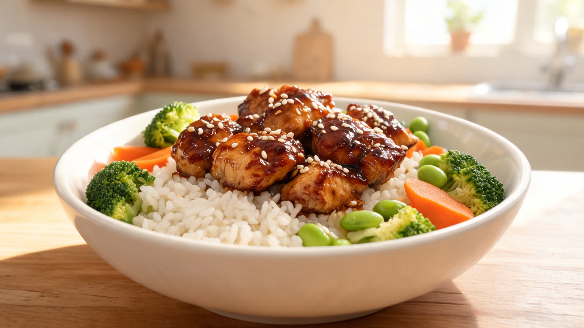 teriyaki chicken bowl with rice vegetables and sesame seeds served in a white bowl on a wooden kitchen table