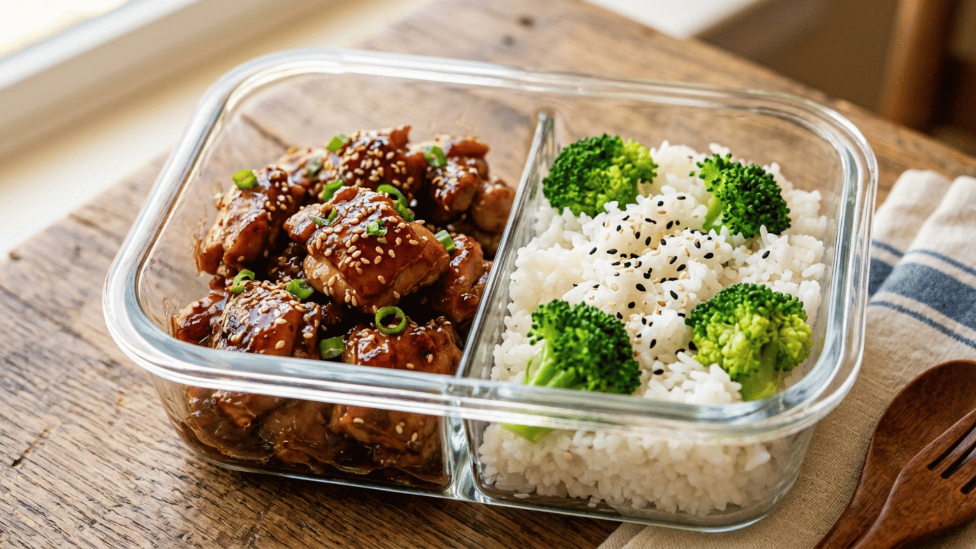 teriyaki chicken and rice packed in a divided glass lunchbox