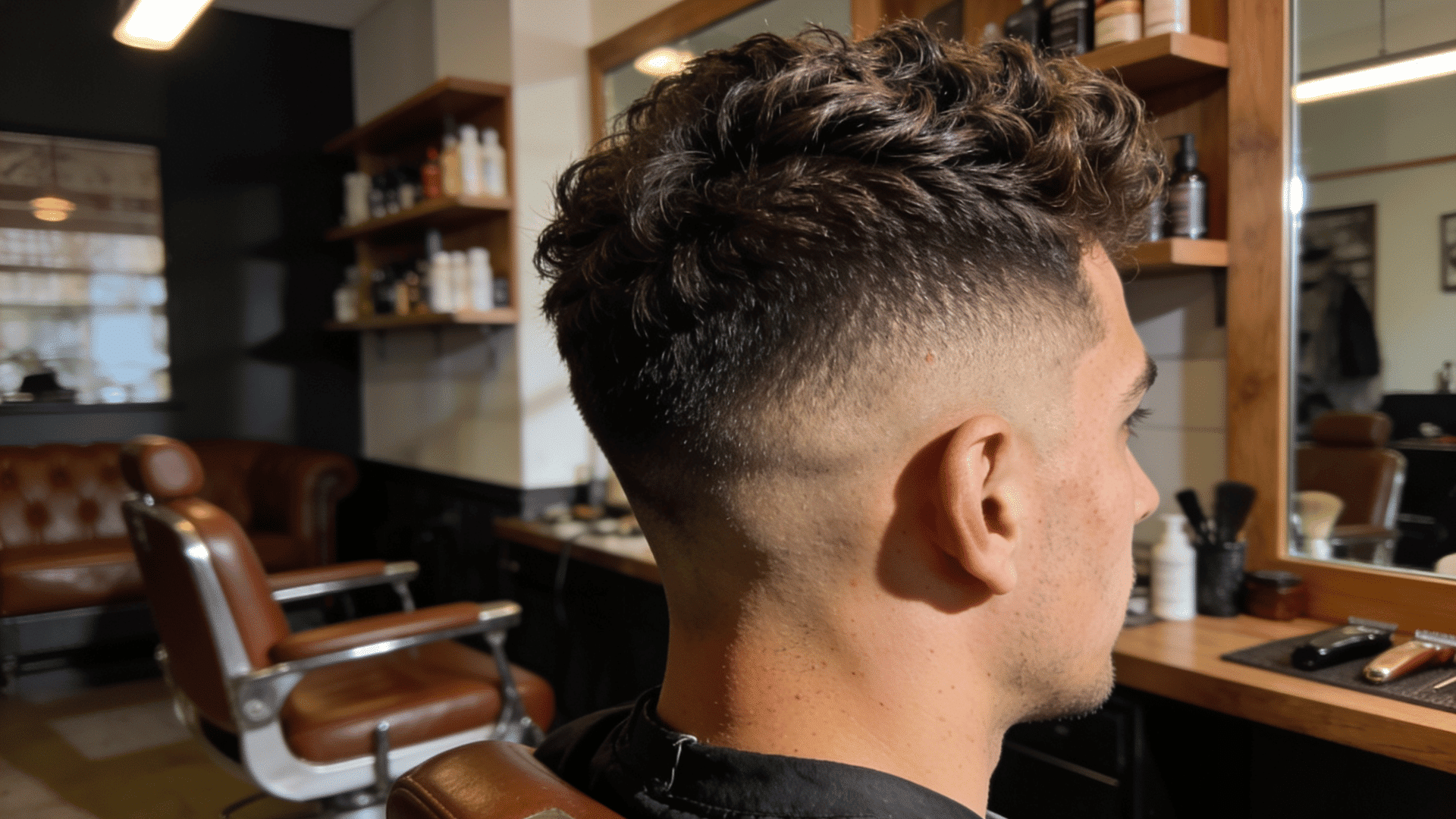 textured curly top fade haircut showing clean tapered sides from the back view in a modern barbershop setting