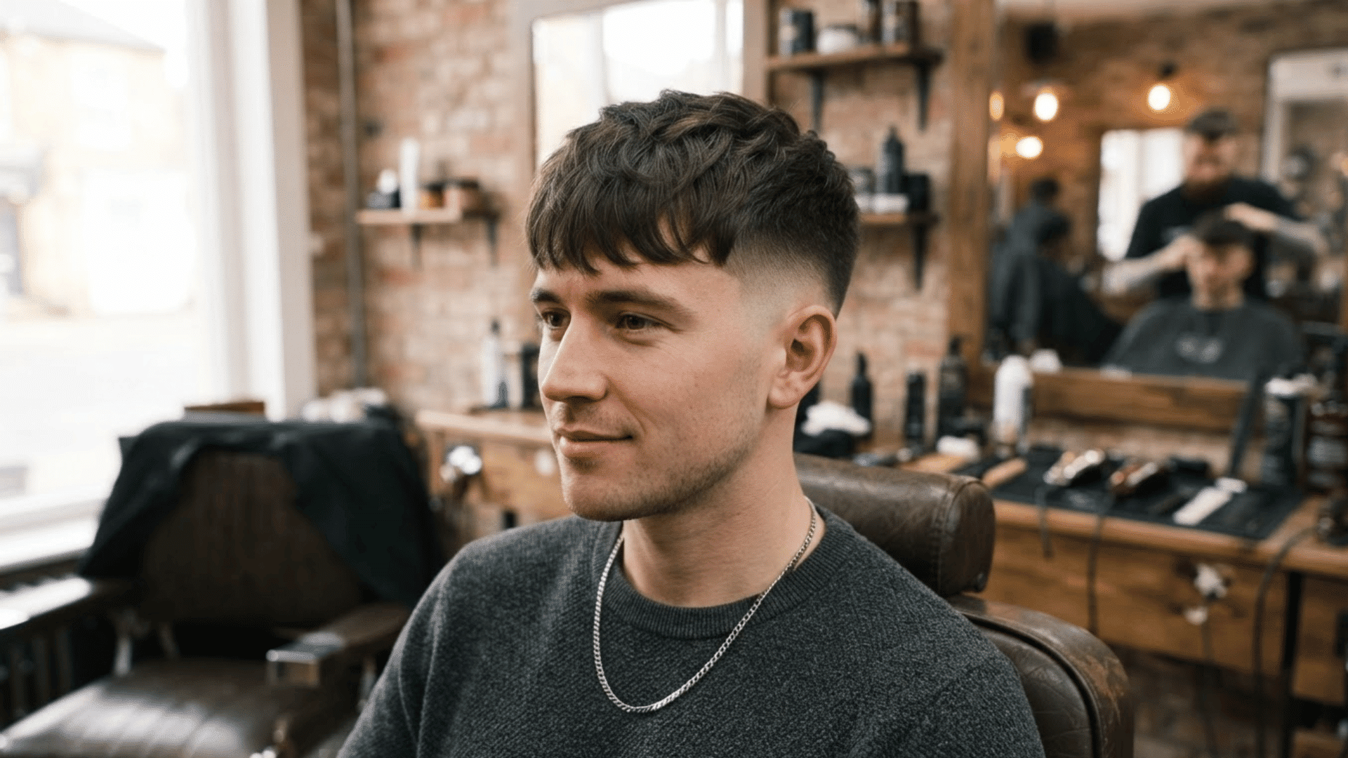 textured fringe low fade haircut with short faded sides and longer top in a barber shop setting