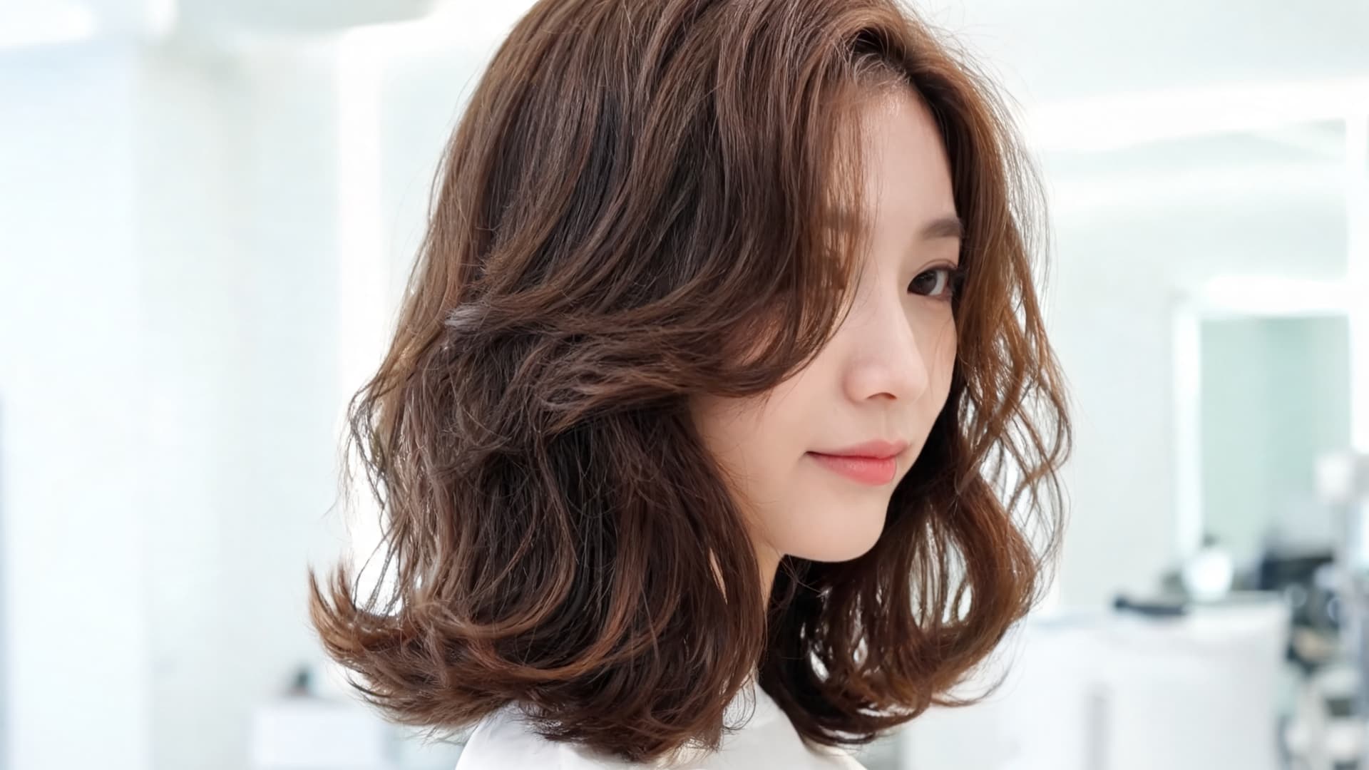 textured lob haircut with medium short thick hair, layered waves, and soft movement