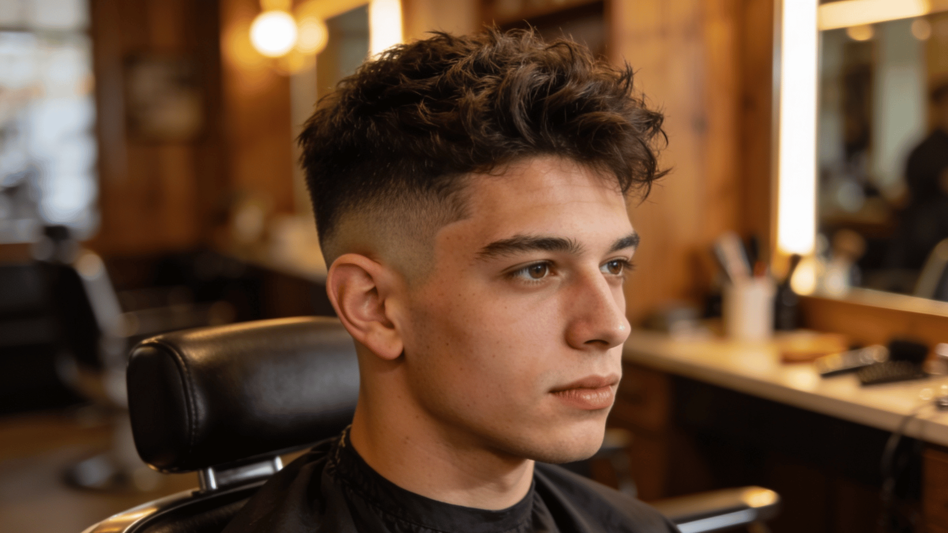 textured low fade haircut with curly top styled on a man sitting in a modern barbershop setting