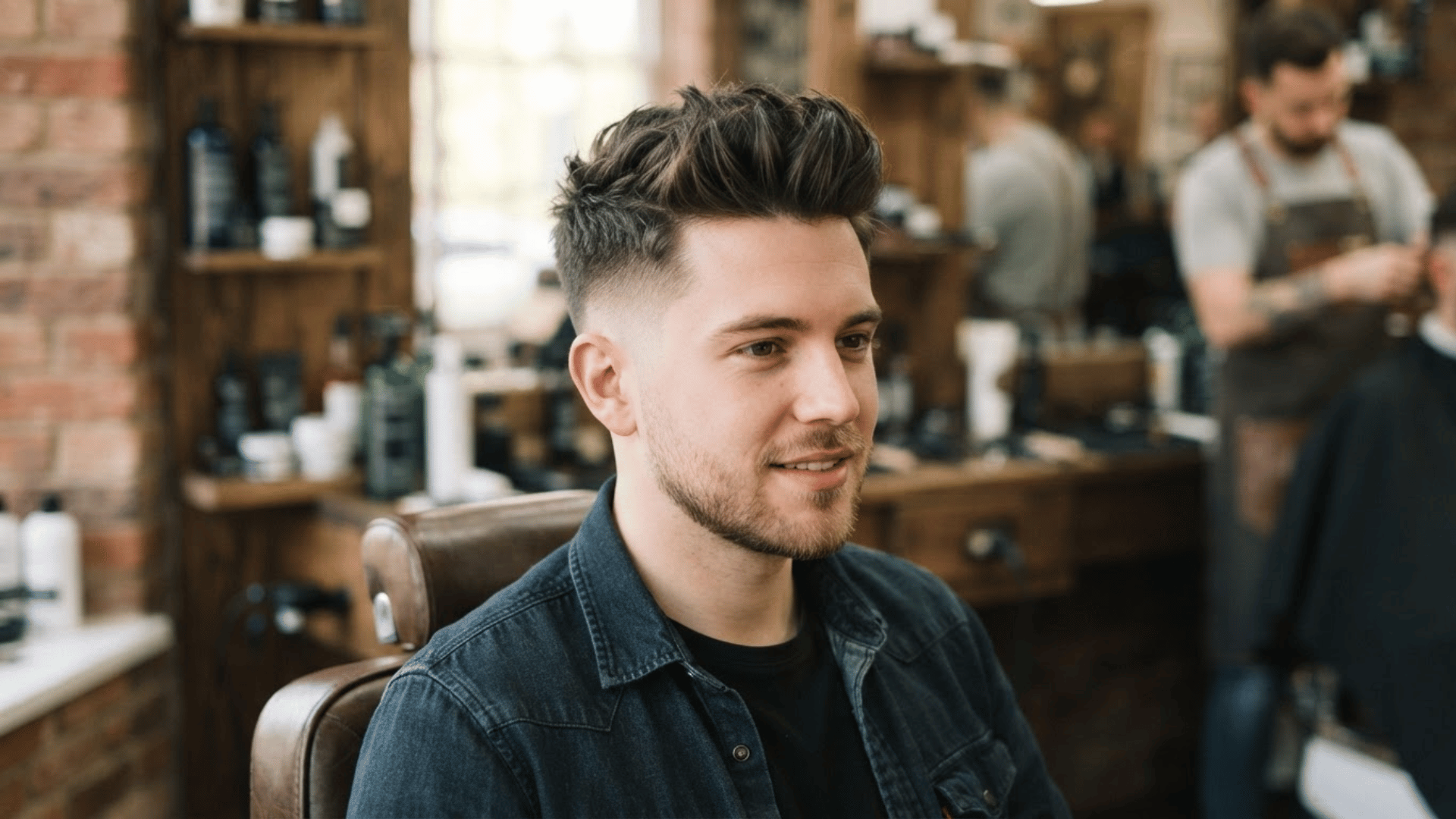 textured low fade haircut with messy top and clean faded sides on man sitting in barber shop chair