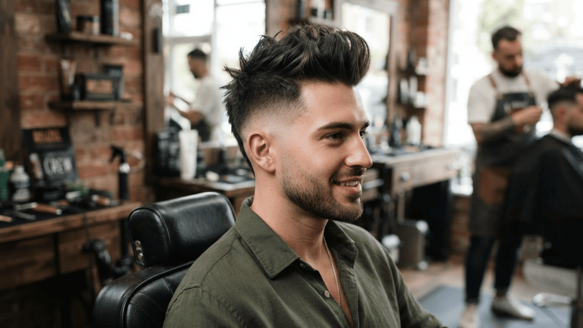 textured low fade haircut with voluminous top and clean faded sides on man sitting in barber shop chair