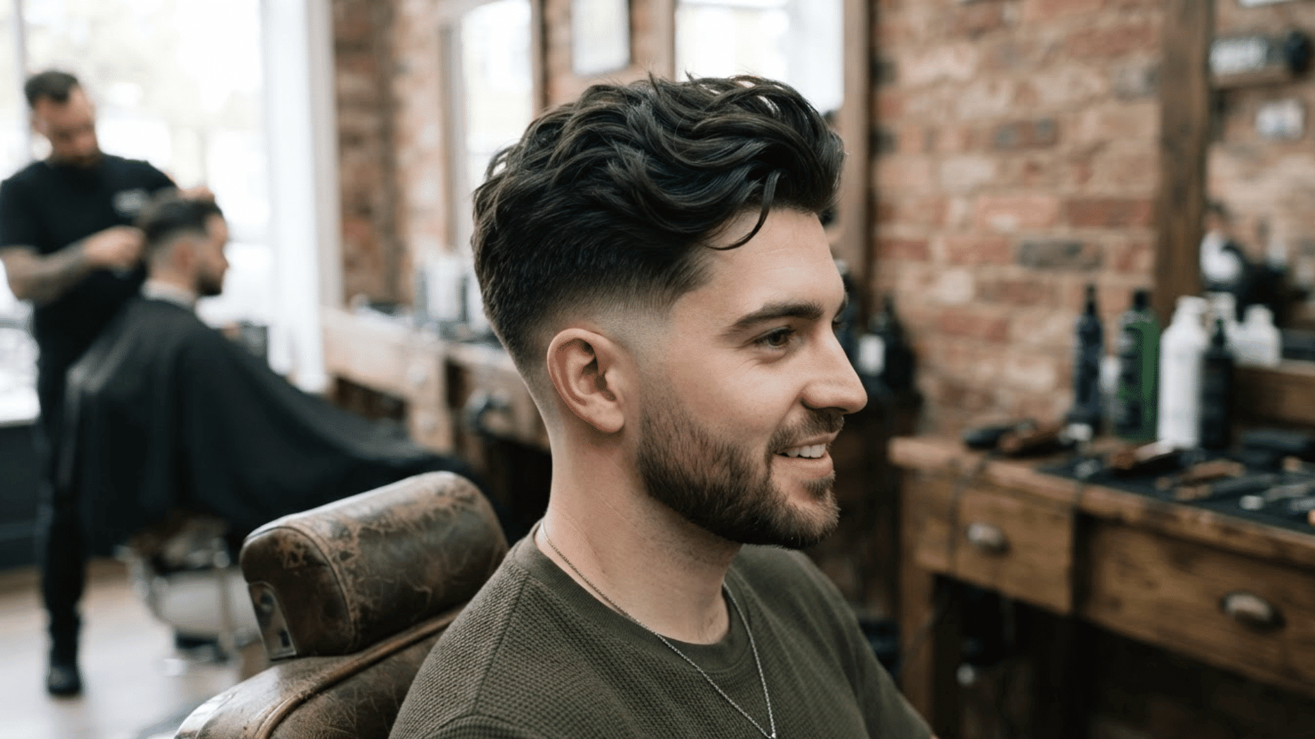 textured low fade haircut with wavy voluminous top and clean faded sides in a barber shop setting