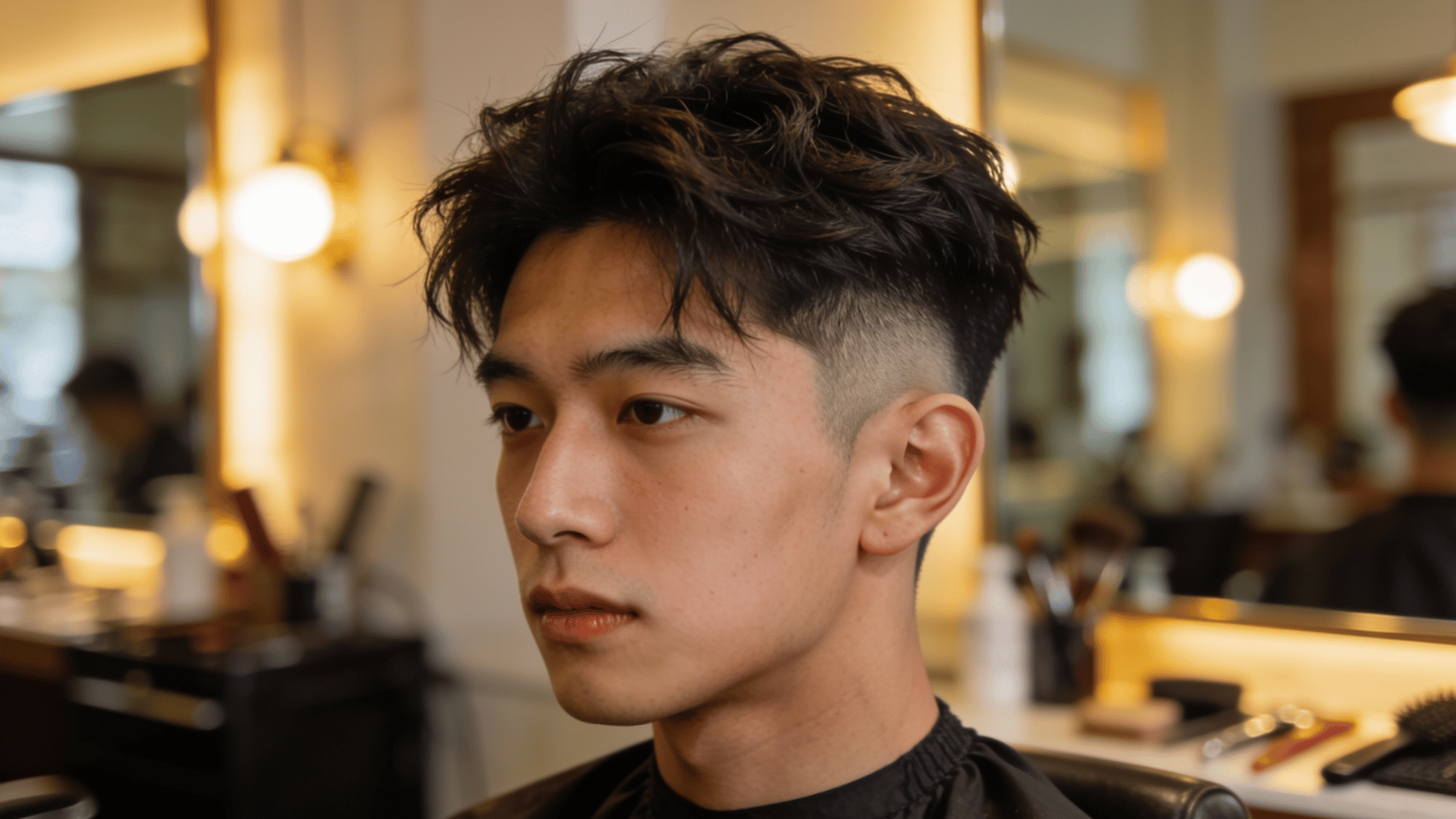 textured messy top fade haircut with tapered sides styled on a man in a modern barbershop setting