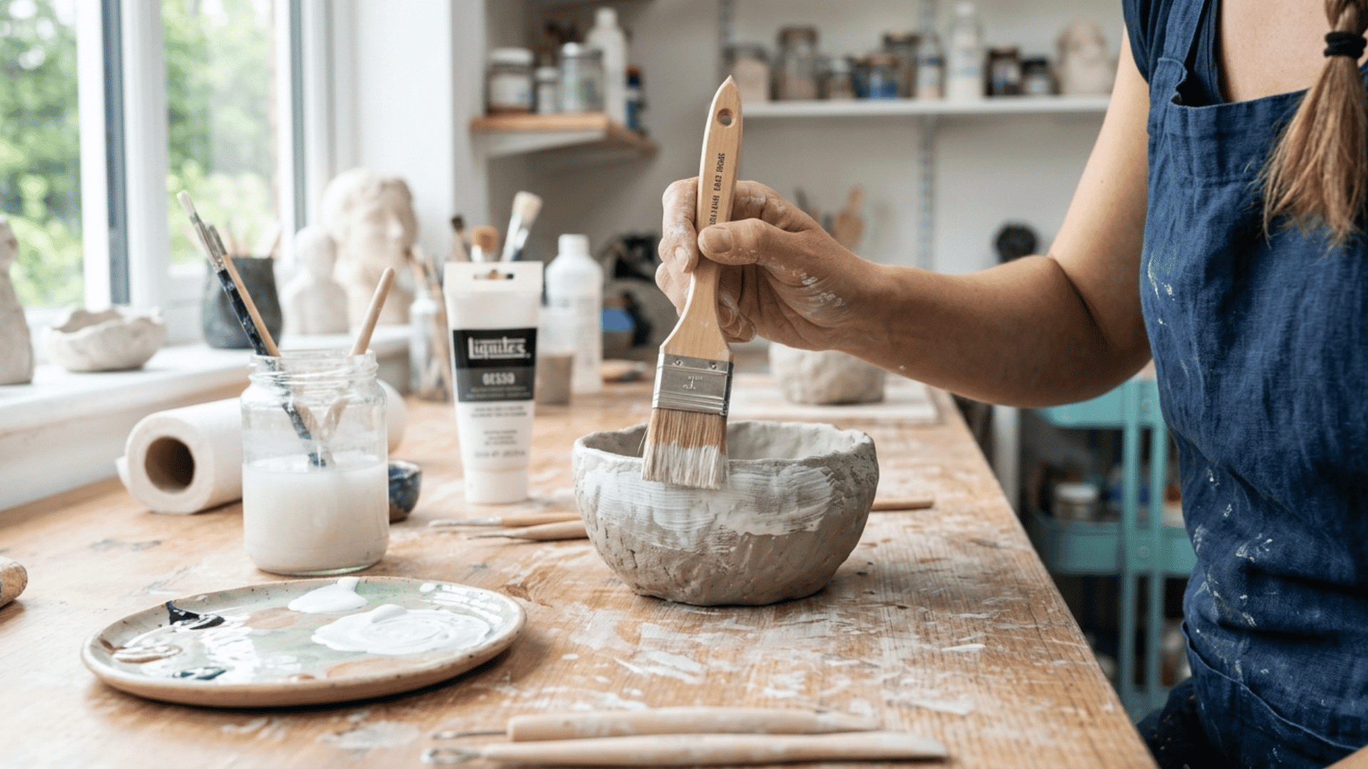 thin layer of white gesso being applied to air dry clay with a flat brush on a wooden table in a bright studio
